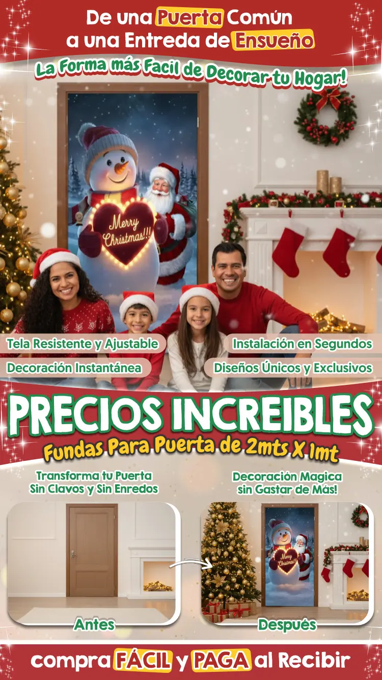 un cuarto navideno, con un telon navideno, familia disfrutando juntos, precios, antes de los adornos y despues de los adornos.