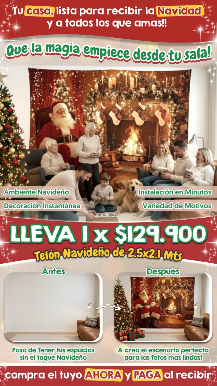 un cuarto navideno, con un telon navideno, familia disfrutando juntos, precios, antes de los adornos y despues de los adornos.
